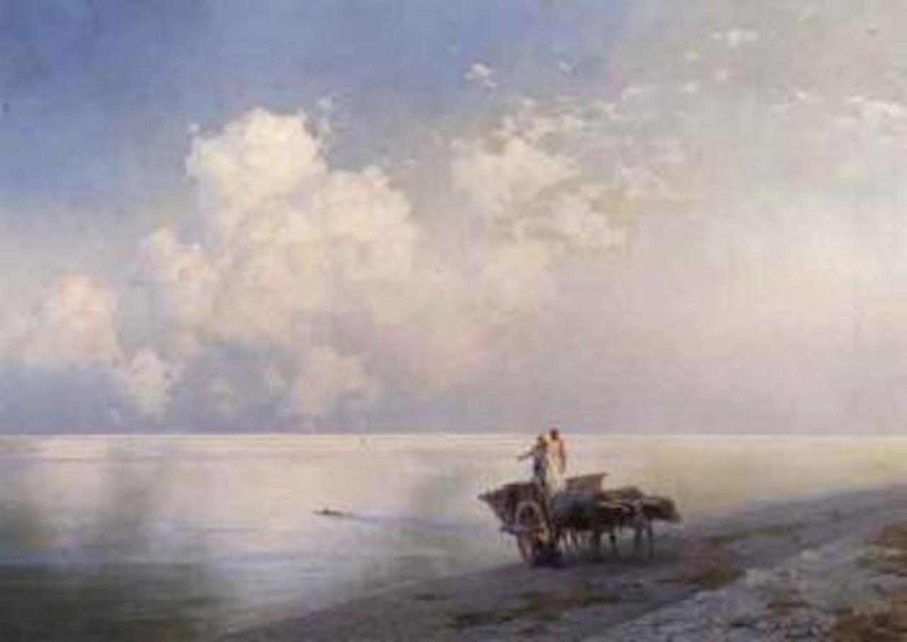 Two figures in ox cart and swimmer in calm water by Ivan Konstantinovich Aivazovsky