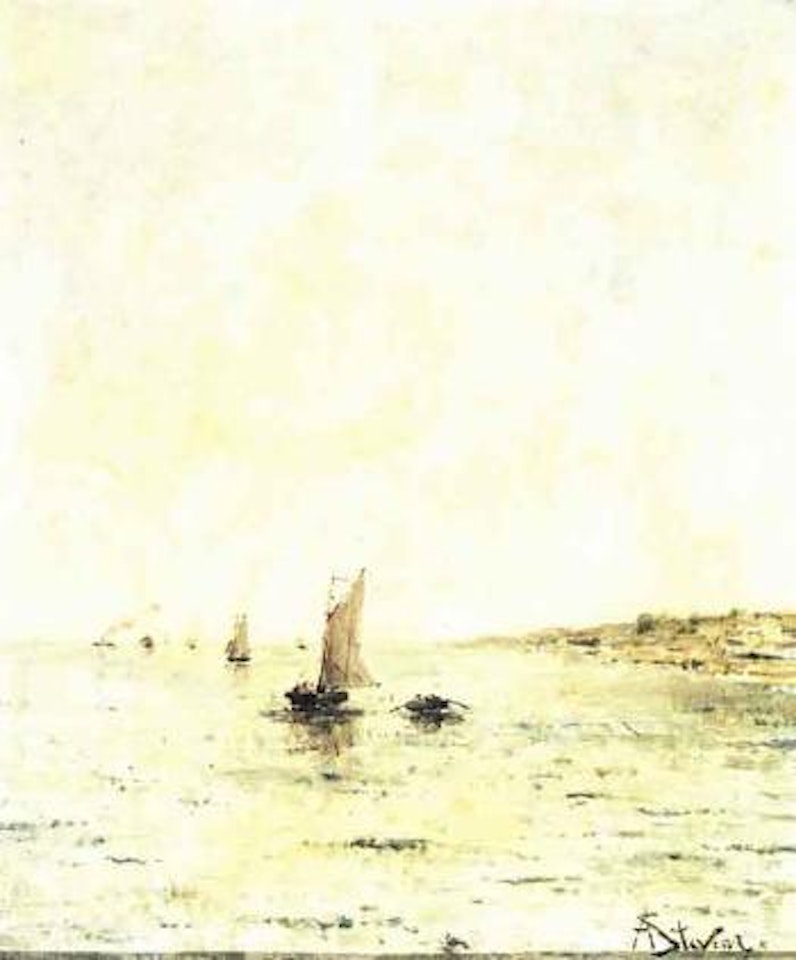 Coastal landscape with sailing boats by Alfred Stevens