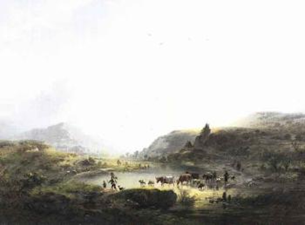 Paysage fluvial au coucher de soleil avec passage du gue by Charles van den Eycken by Eugène Joseph Verboeckhoven