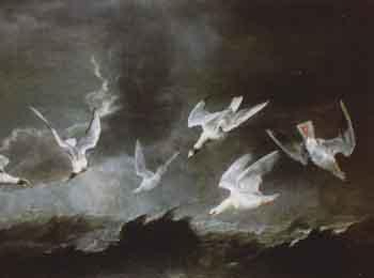 Flock of seagulls flying above choppy waters by Flemish School