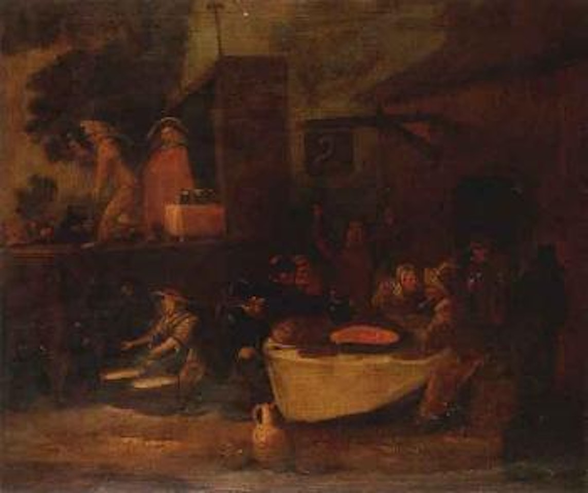 Peasants merrymaking outside an inn with players beyond by Egbert van Heemskerk III