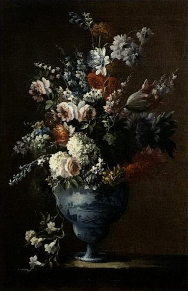 Still life with vase of flowers on ledge by Gasparo Lopez