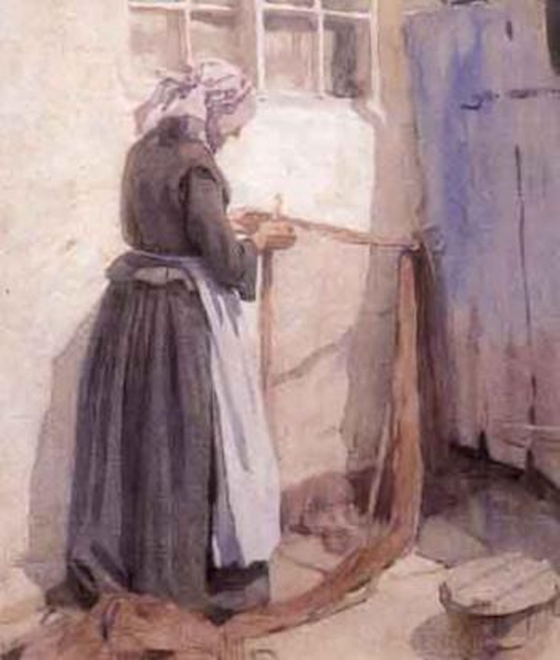 Lady mending fishing nets in sunlit yard by Harold Knight