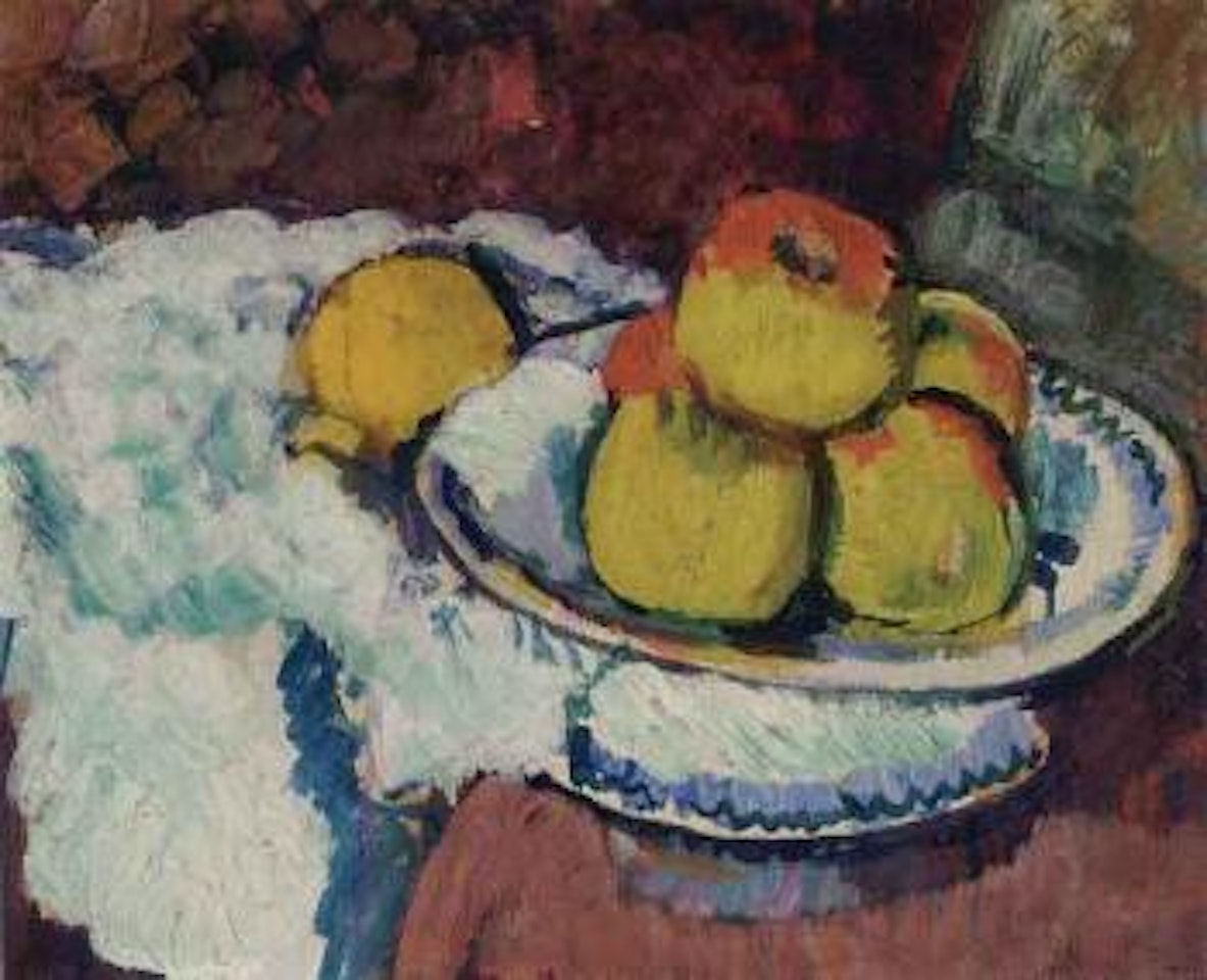 Still life with apples on a fruit stand by George Leslie Hunter