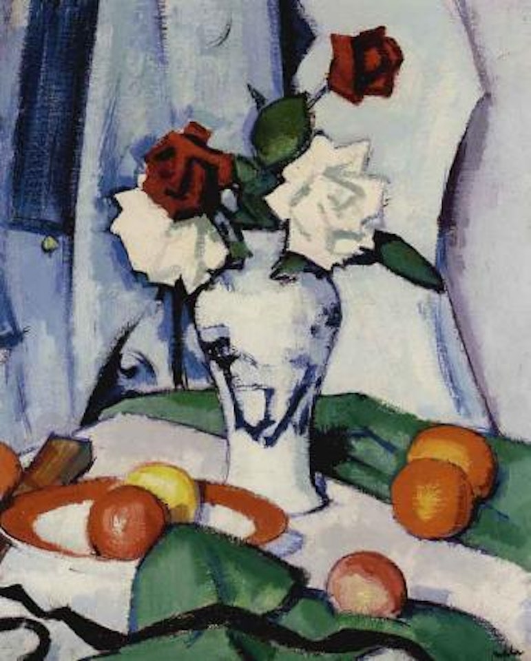 Red and white roses in a Chinese vase with green and white drapery by Samuel John Peploe