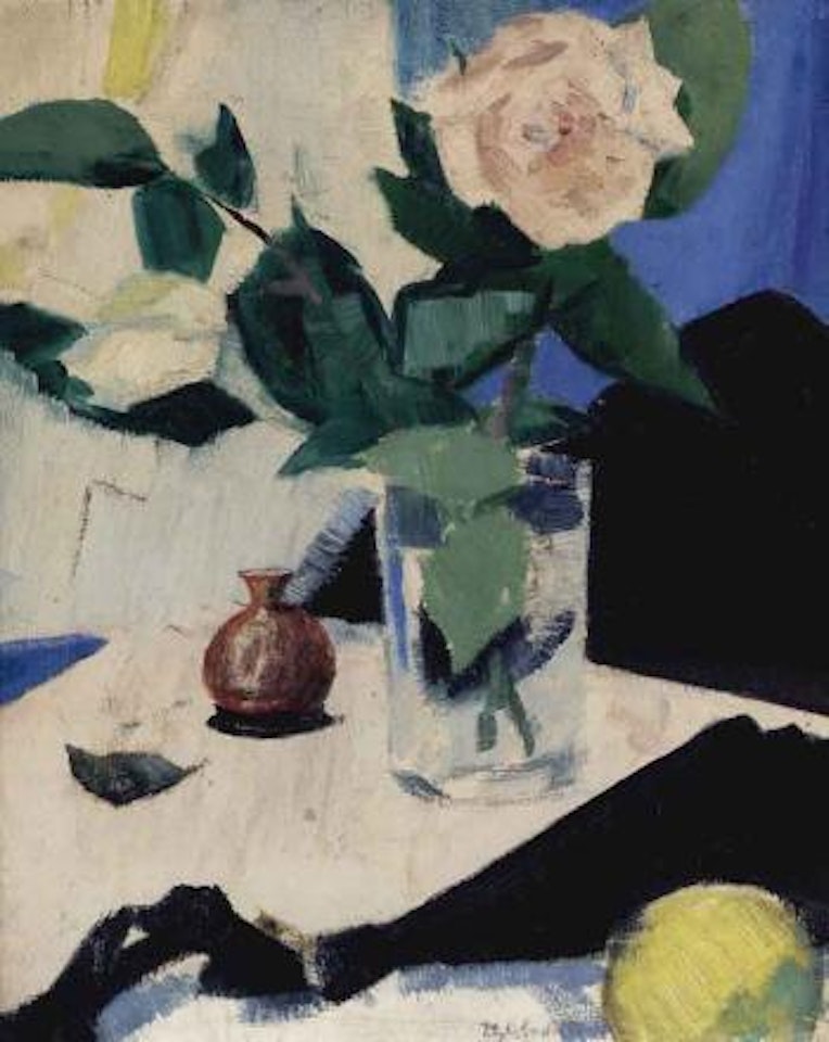 Still life with roses, black fan and lemon by Francis Campbell Boileau Cadell