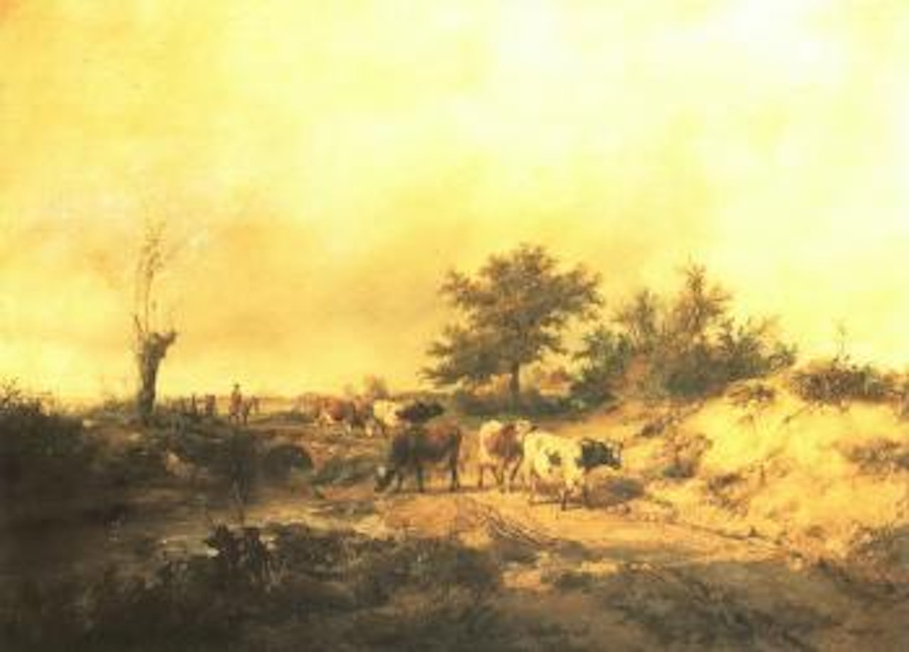 Near Canterbury, boy on a donkey driving cattle along a road, cathedral beyond by Thomas Sidney Cooper