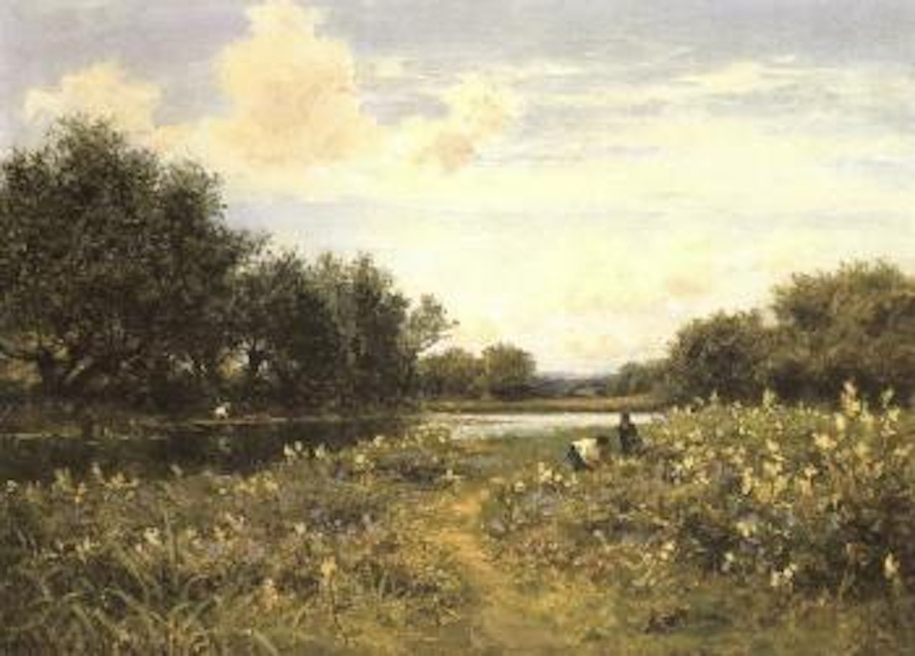 Figures gathering flowers in a river landscape by Benjamin Williams Leader