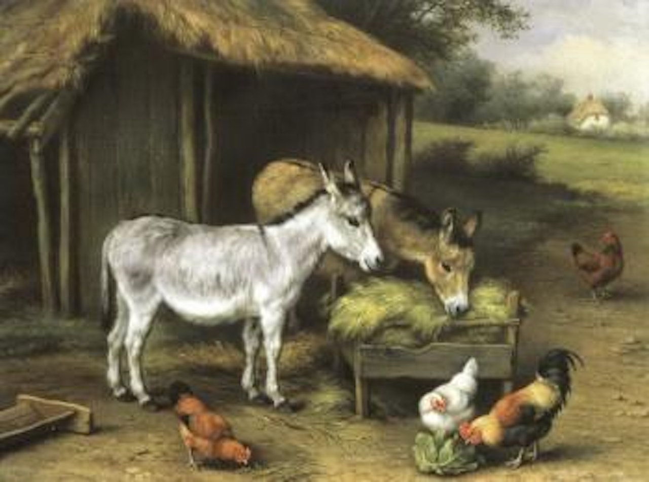 Chickens and donkeys feeding outside a barn by Edgar Hunt