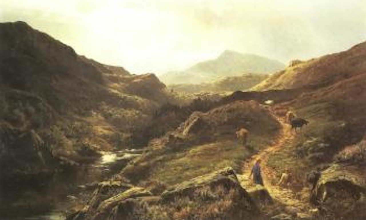 Moel Siabod from Glyn Lledr, with figures and cattle on a riverside path by Sidney Richard Percy