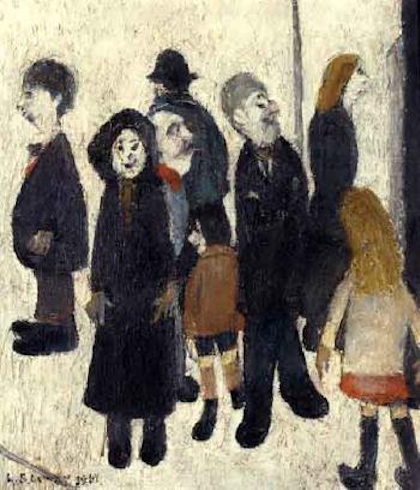 Group of people with the artist by Laurence Stephen Lowry