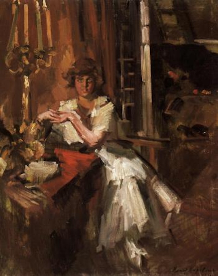Young girl in an interior by Konstantin Alekseevich Korovin
