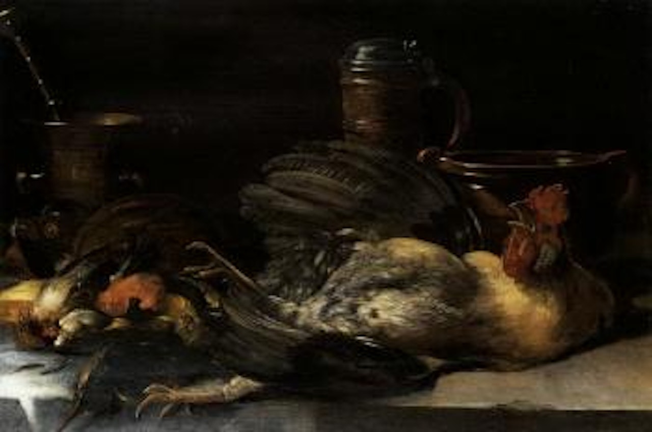 Nature morte de gibier, volailles et utensiles de cuisine by Jan Pauwel Gillemans