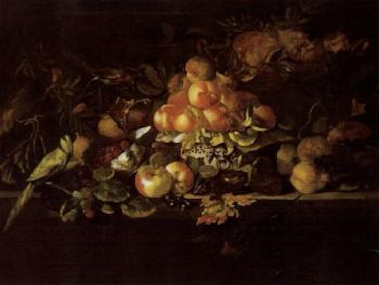 Still lie of peaches in bowl and other fruit in wicker basket by Roman School