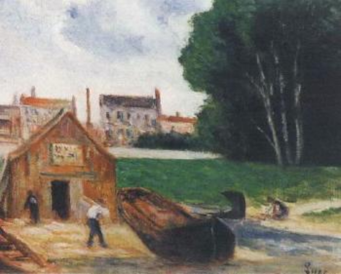 River landscape with boat workers by Maximilien Luce