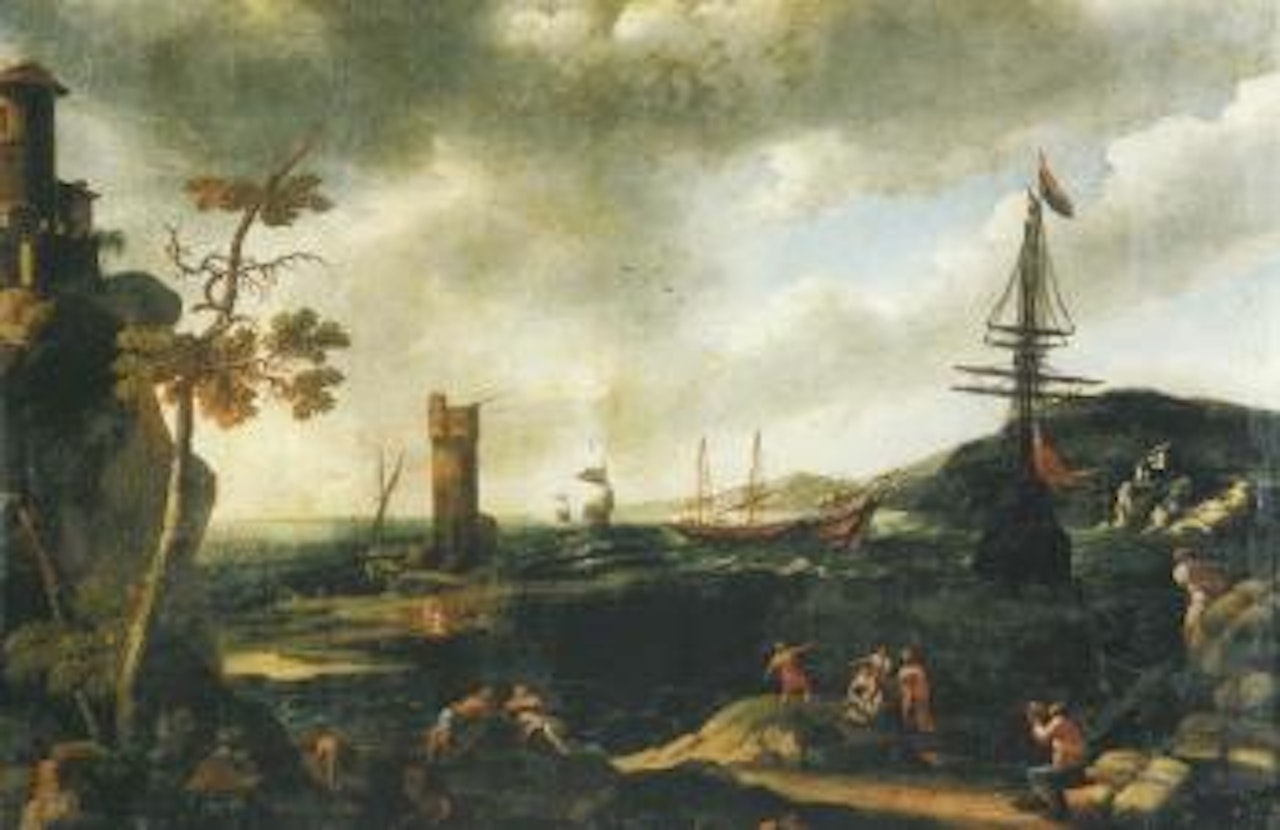 Coastal landscape with ships and figures by French School
