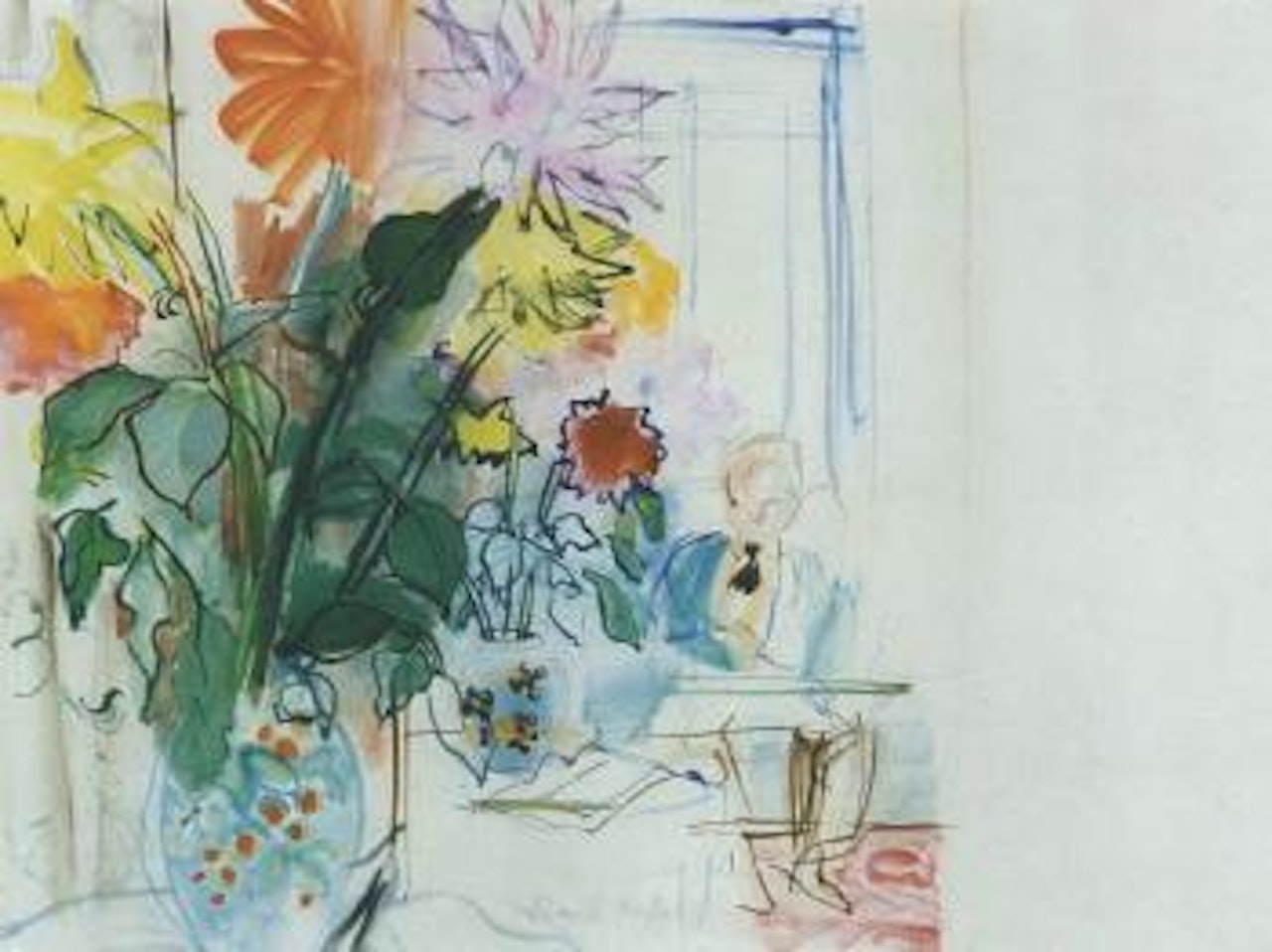 Personnage a table, deux bouquets de dahlias by Raoul Dufy