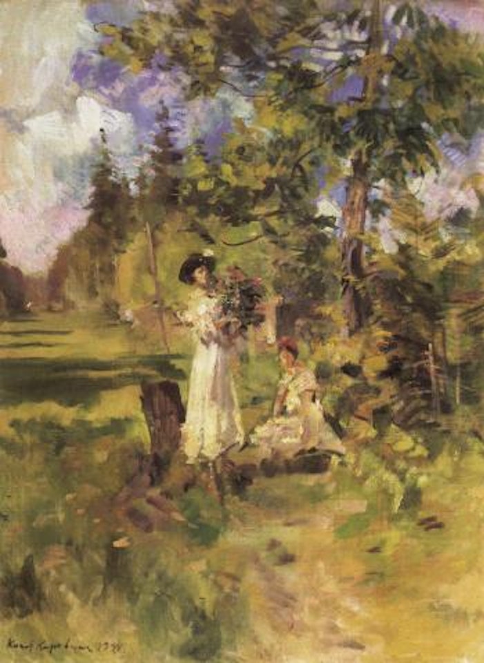 Young ladies gathering flowers by Konstantin Alekseevich Korovin
