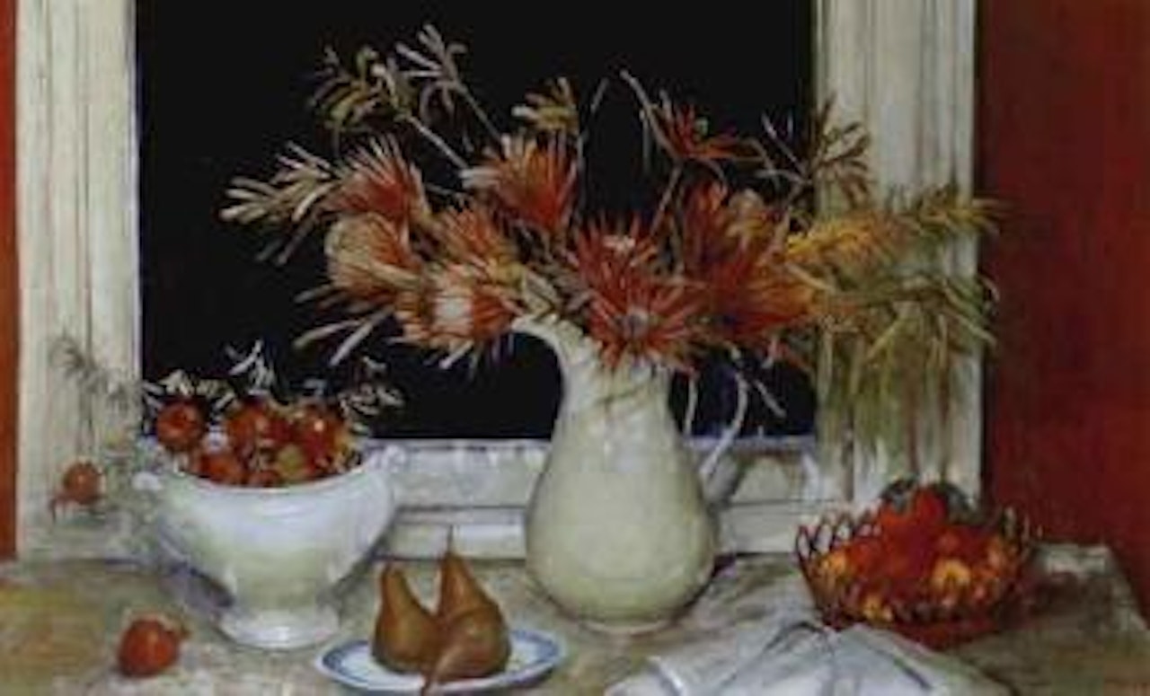 Proteas and fruit by Margaret Hannah Olley