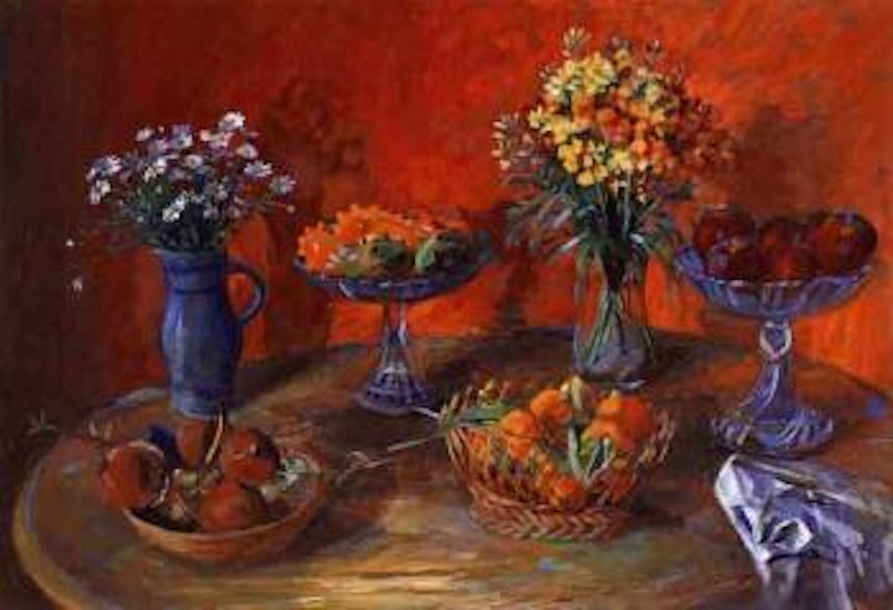 Still life, flowers and fruit by Margaret Hannah Olley