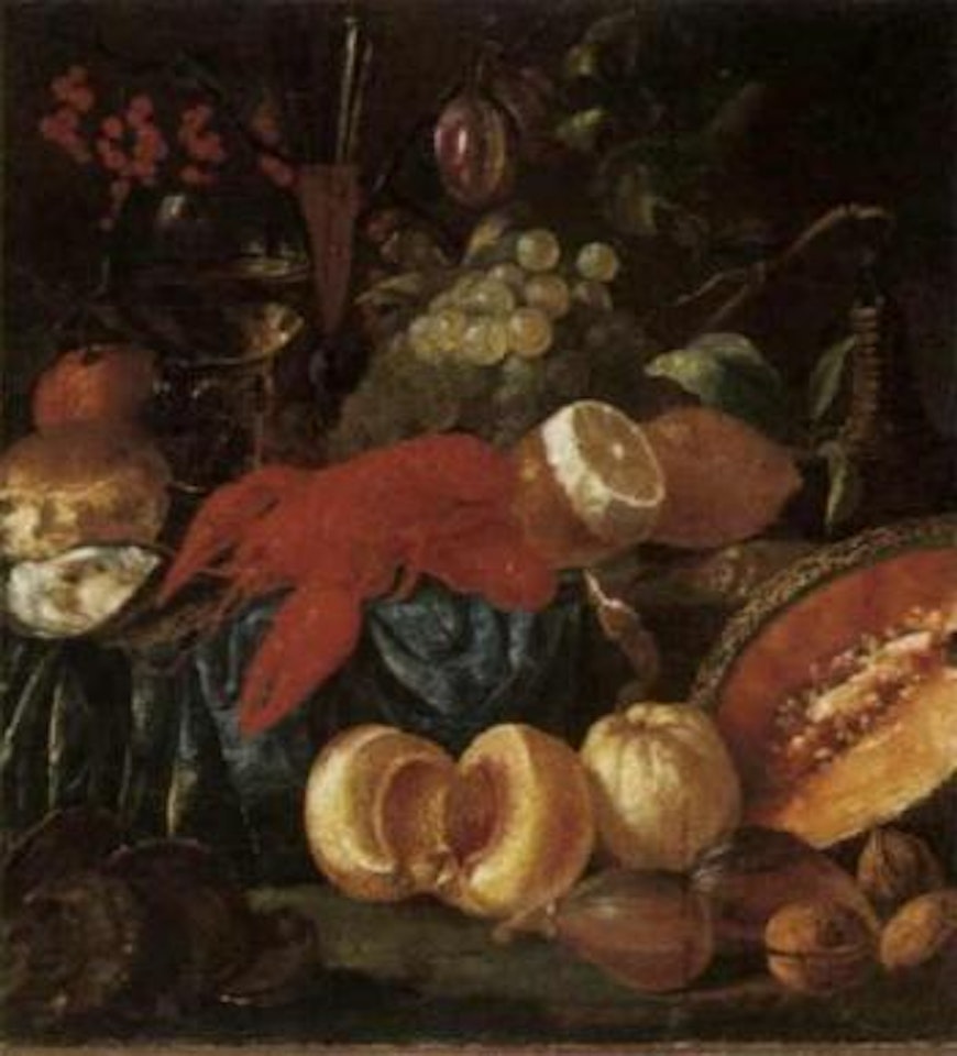 Still life of lobster, fruit, nuts, oysters and bread by Jacob Caproens