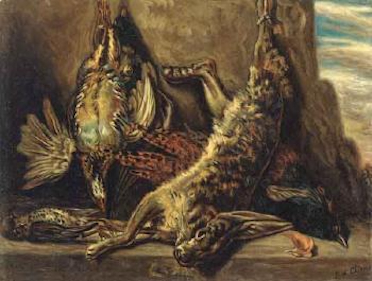Still life with hare and perdrix in landscape by Giorgio de Chirico