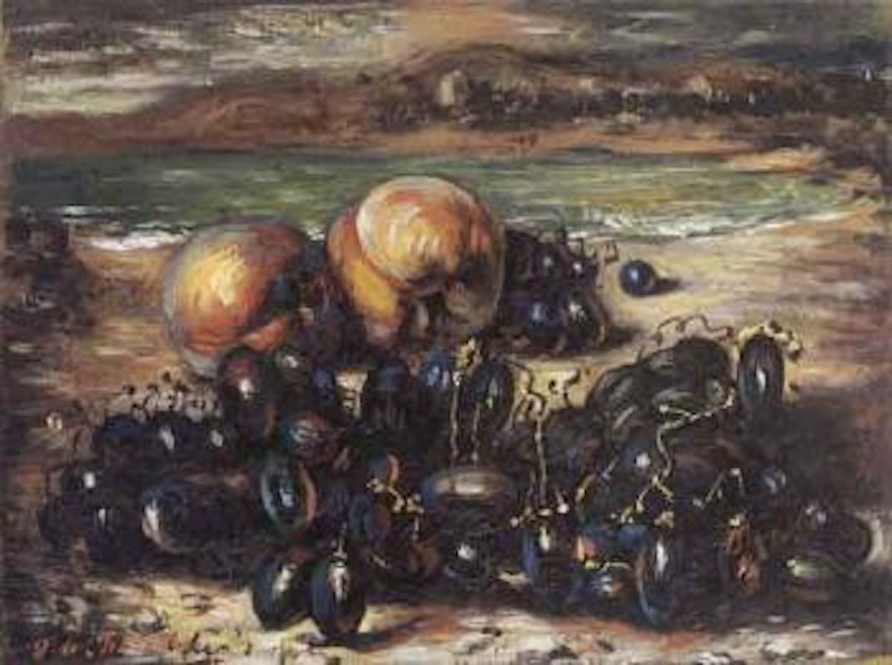 The silent life of fruit by a lake by Giorgio de Chirico