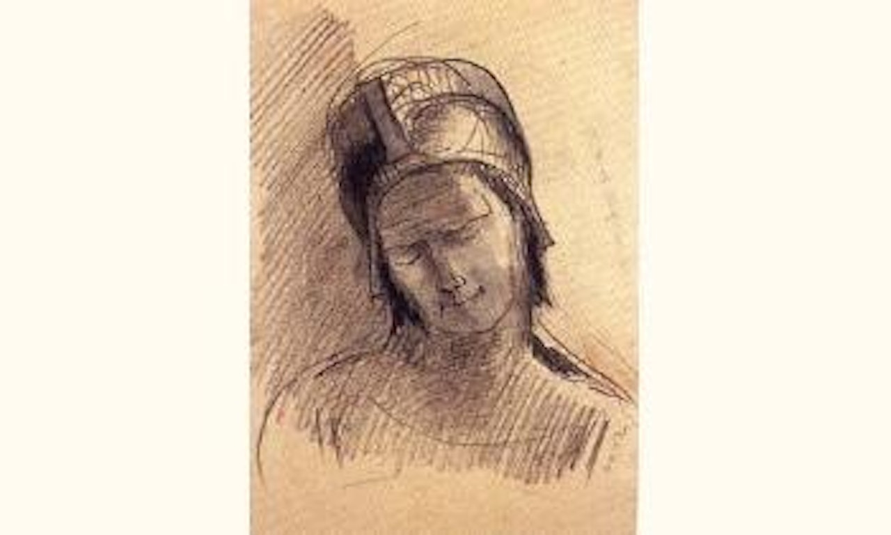 Tete de personnage casque penche vers la droite by Odilon Redon