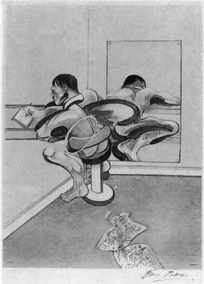 Man writing reflected in mirror by Francis Bacon