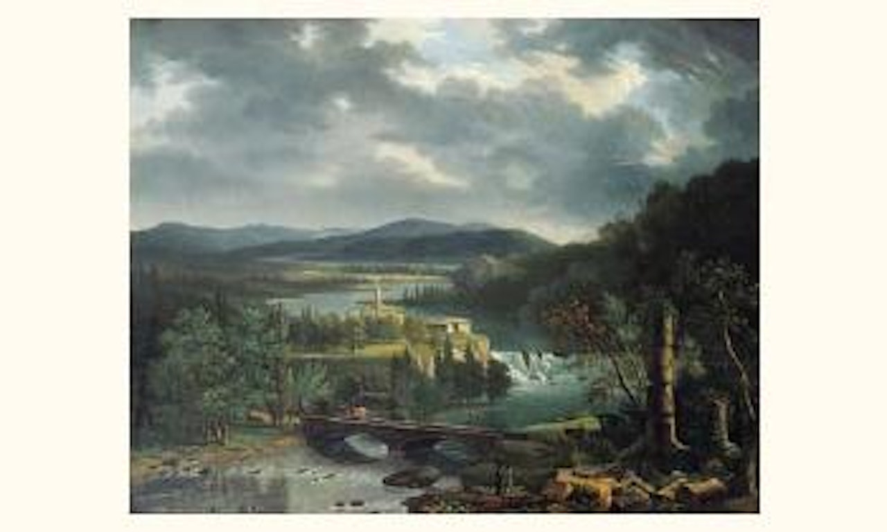 Ruines antiques animees pres d'une riviere by French School