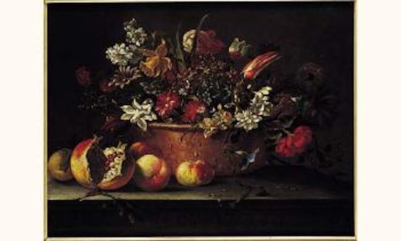 Flowers on table with pomegranates by Abraham Brueghel