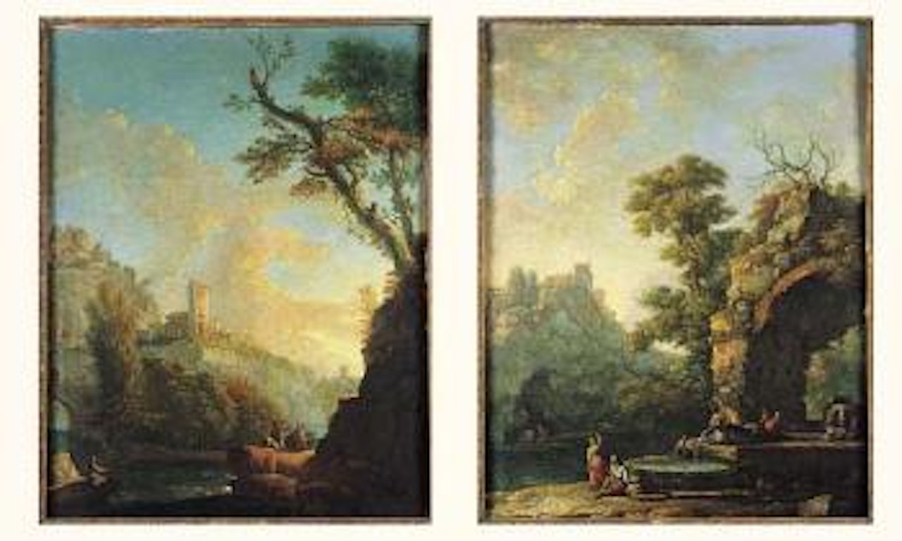 Figures in river landscape. Fishermen in landscape by Carlo Bonavia