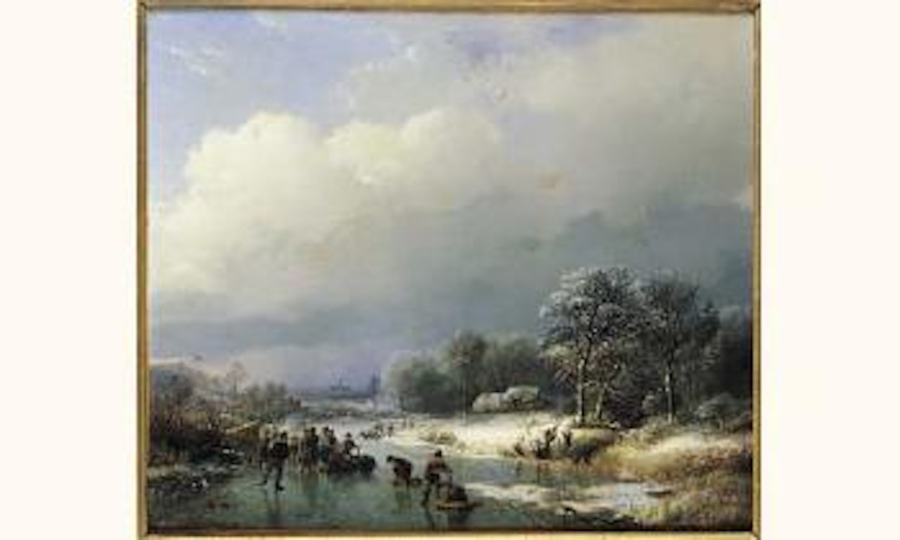 Skaters on frozen river in Dutch countryside by Barend Cornelis Koekkoek
