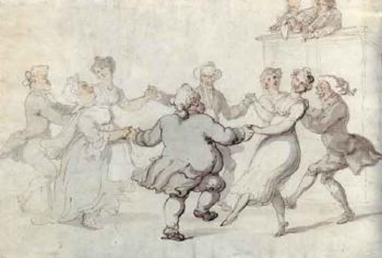 Figures dancing with musicians looking on by Thomas Rowlandson