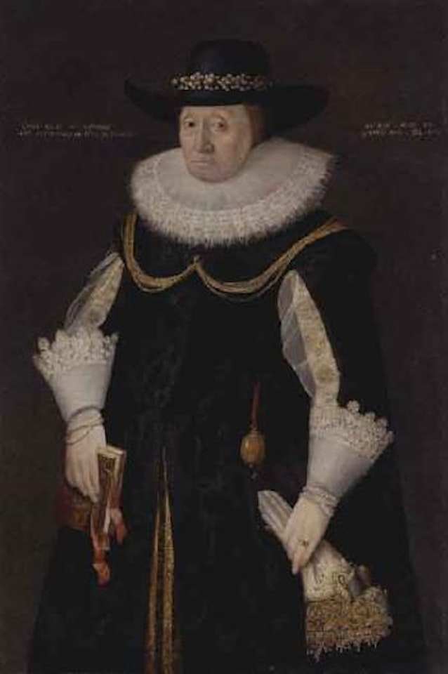 Portrait of a lady in a black dress and hat, holding a bible by English School