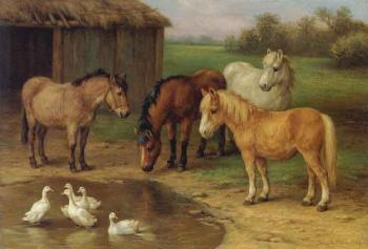 Ponies and geese at a pond by Edgar Hunt