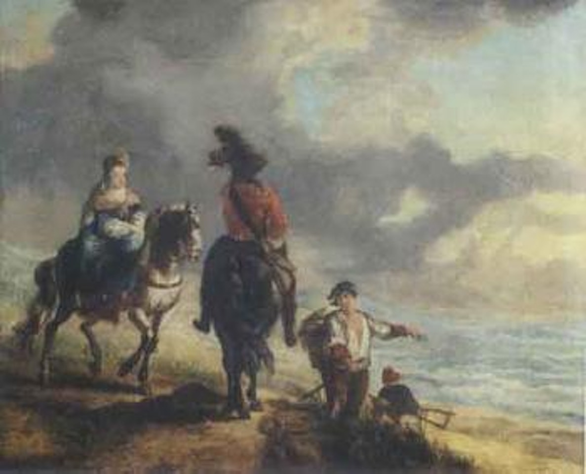 Elegant couple on horseback with fisherman by Philips Wouwerman
