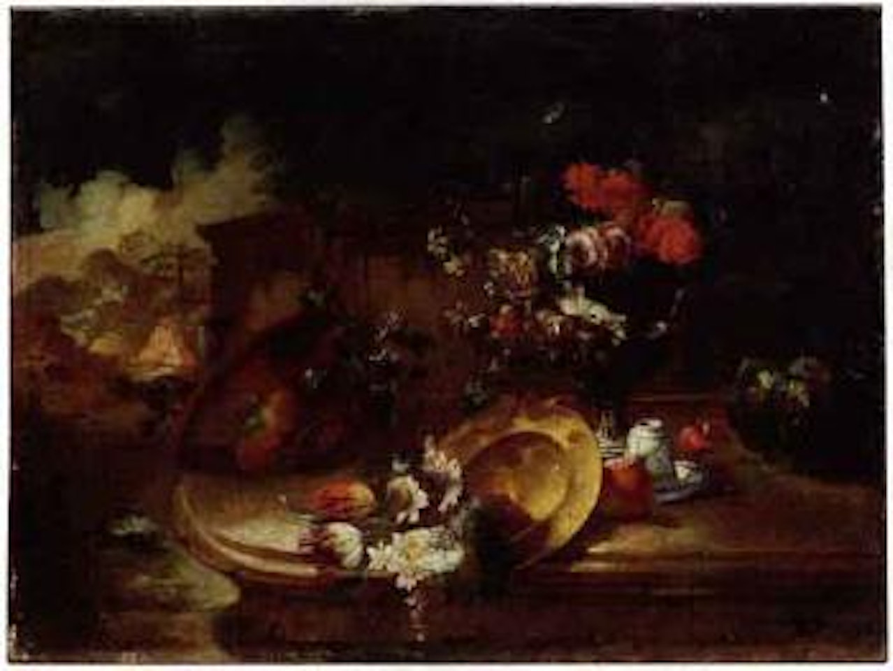 Still life with flowers and fruit in the outdoors by Gasparo Lopez