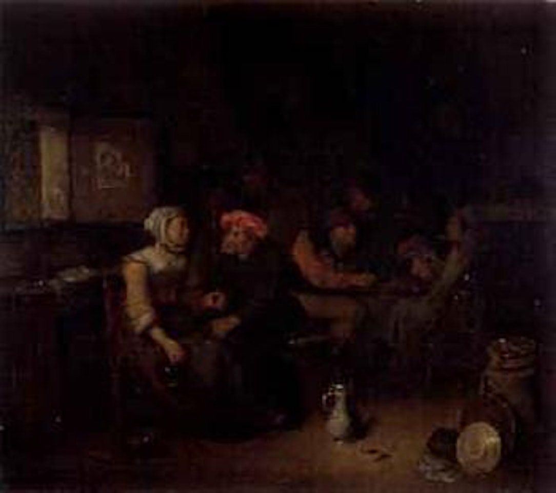 Tavern interior with couple drinking and card players by Egbert van Heemskerk III