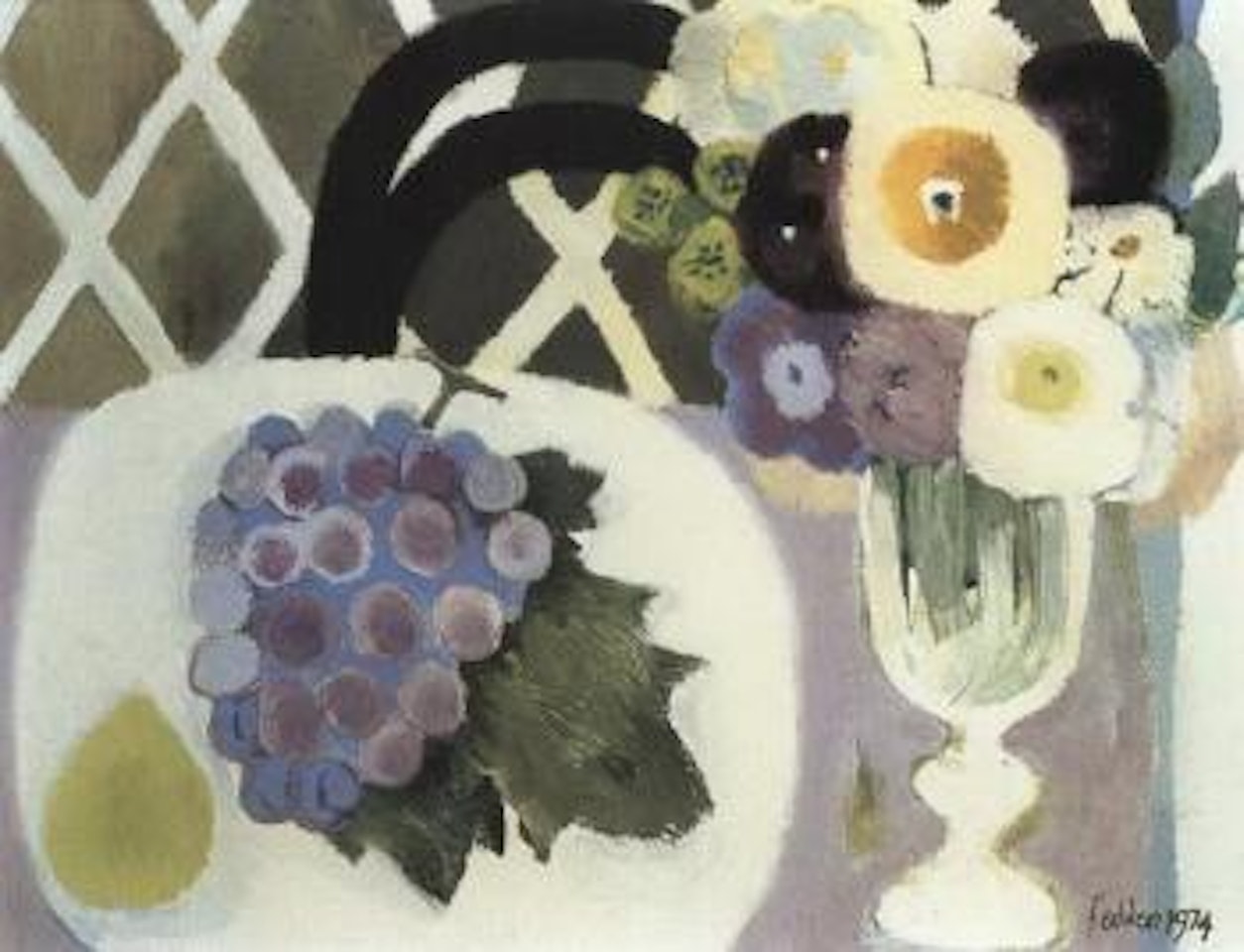 Table top still life with grapes and black chair by Mary Fedden