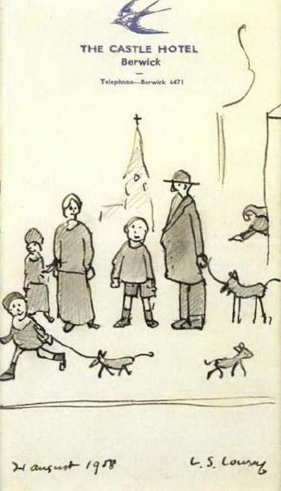 Family group with dogs on street by Laurence Stephen Lowry