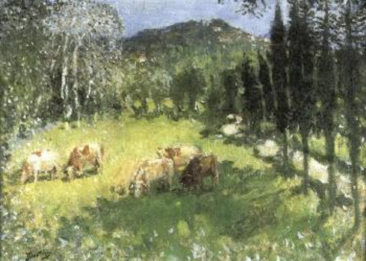 Vaches paisant un paysage estival by Pierre Eugène Montezin