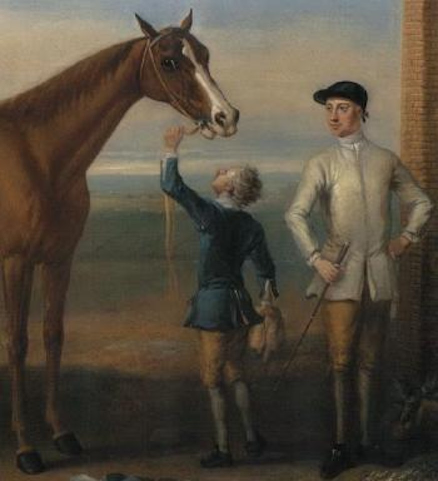 Bald Charlotte, also known ad Lady Legs, chestnut mare, held by a groom, jockey at Newmarket by John Wootton