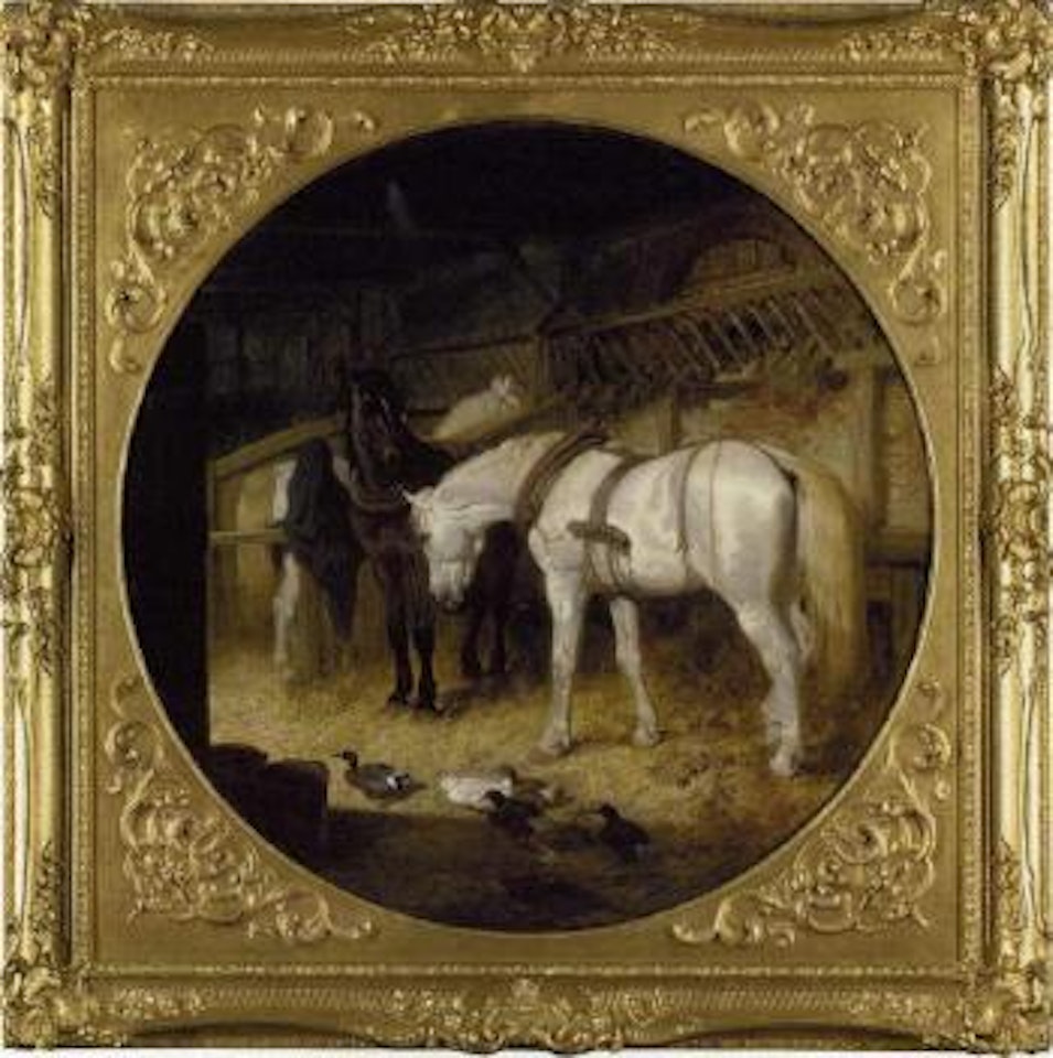 Harnessed plough-horses and ducks in a barn by John Frederick Herring