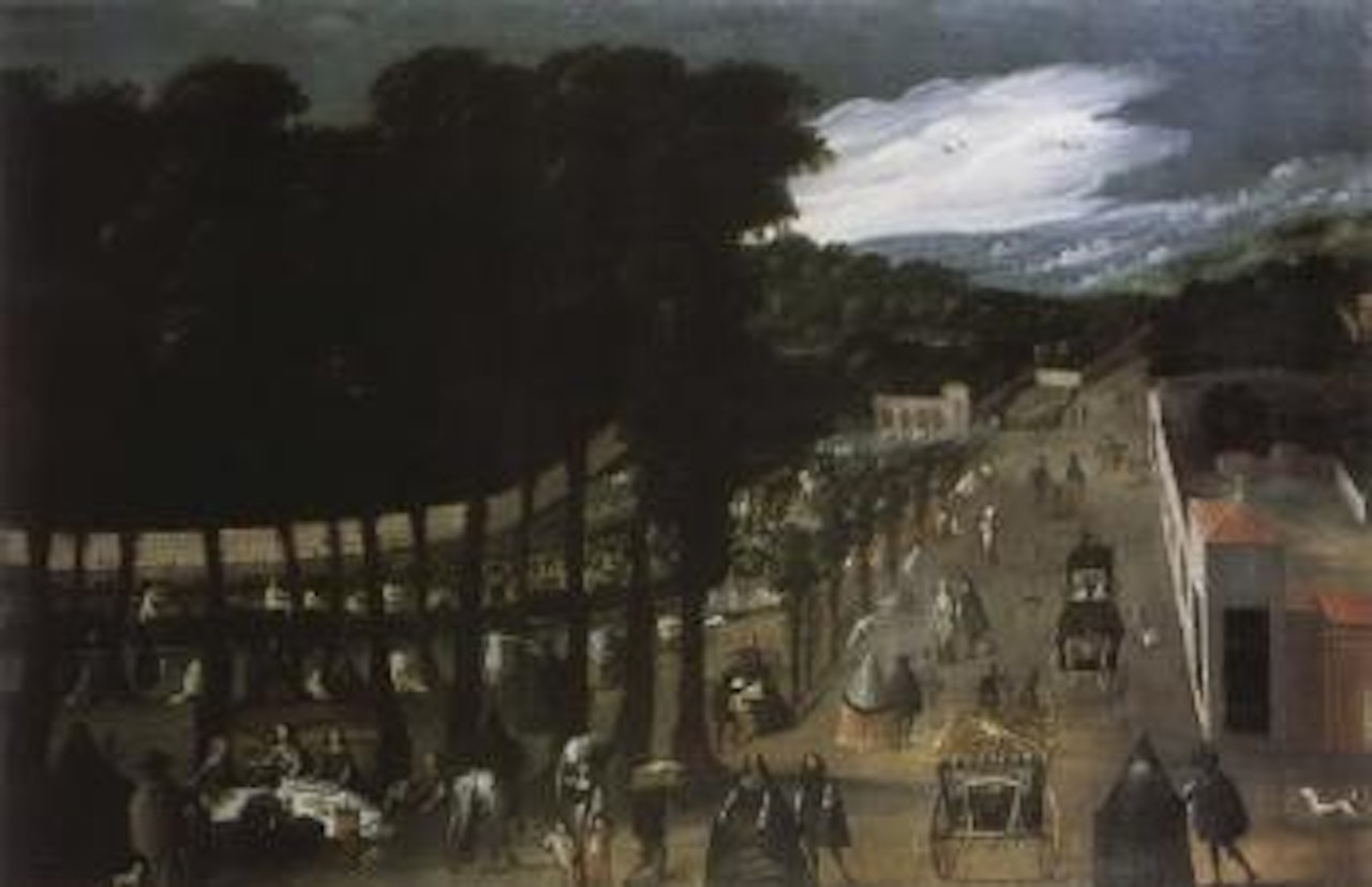Figures bathing and picnicking in a river landscape on the edge of a town, with carriages and figure by Spanish School