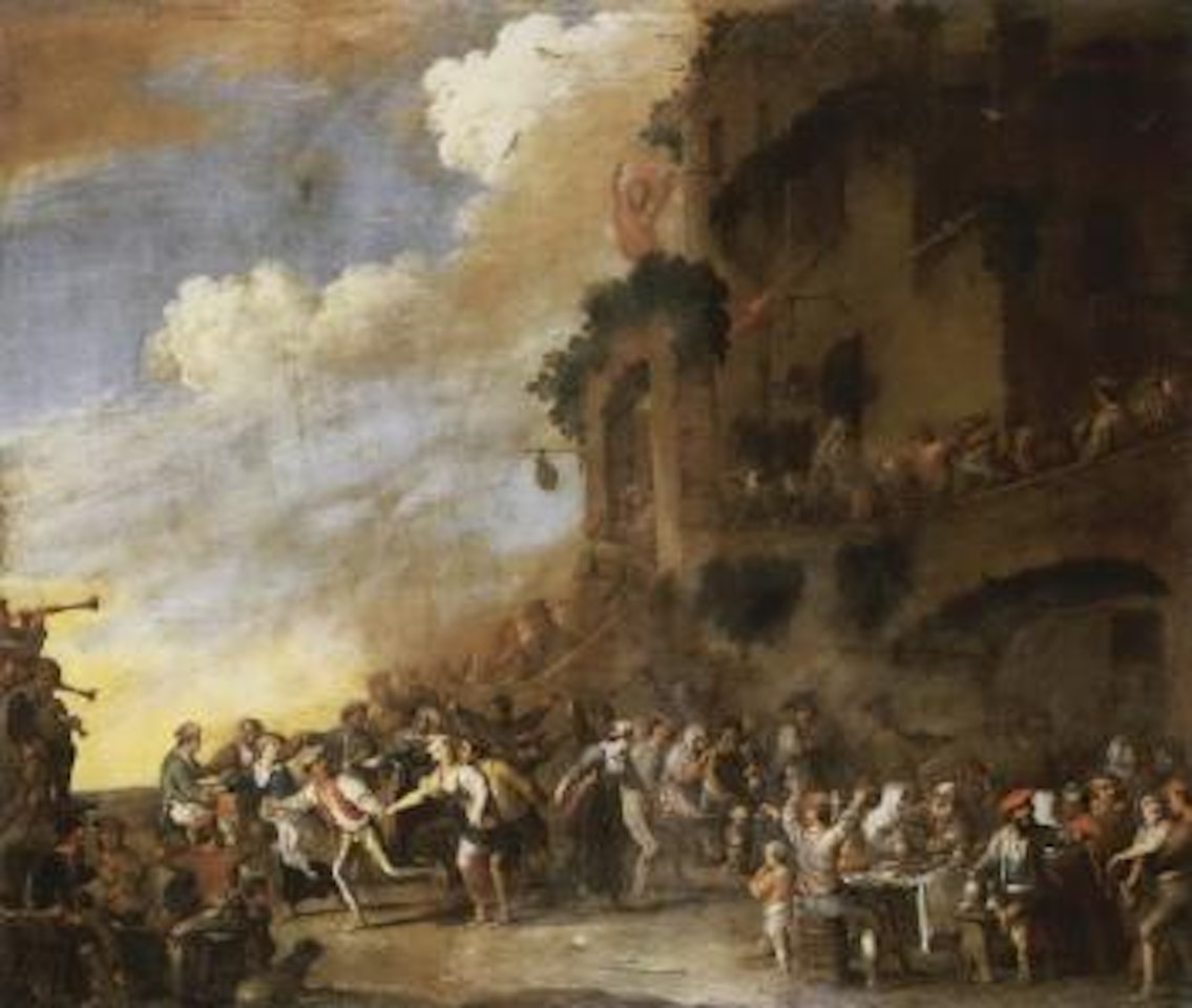 Peasant drinking, dancing and merrymaking outside a tavern by Cornelis de Wael