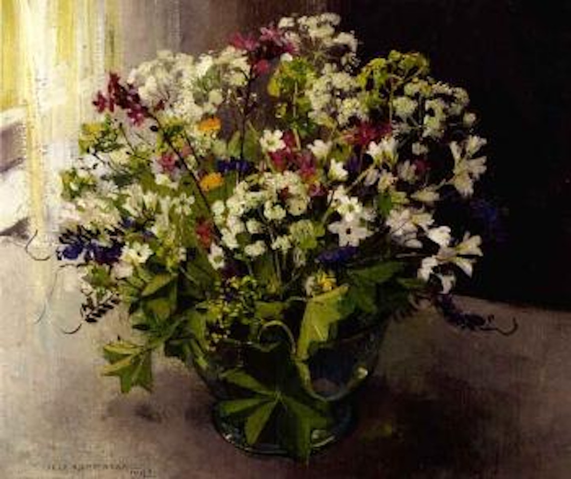 Meadow flowers in glass bowl by Olle Hjortzberg