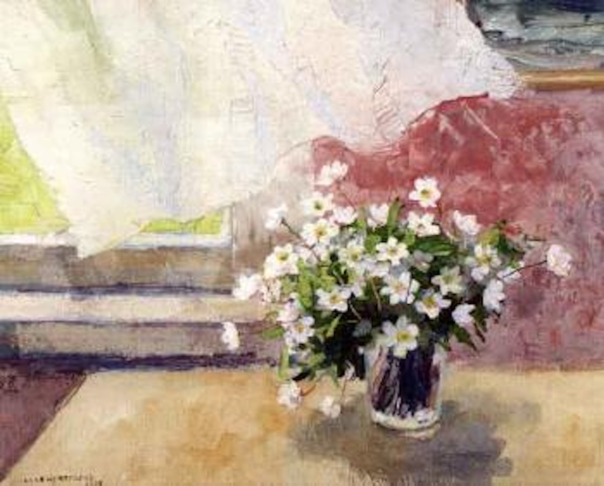 Still life of wood anemones in glass by Olle Hjortzberg