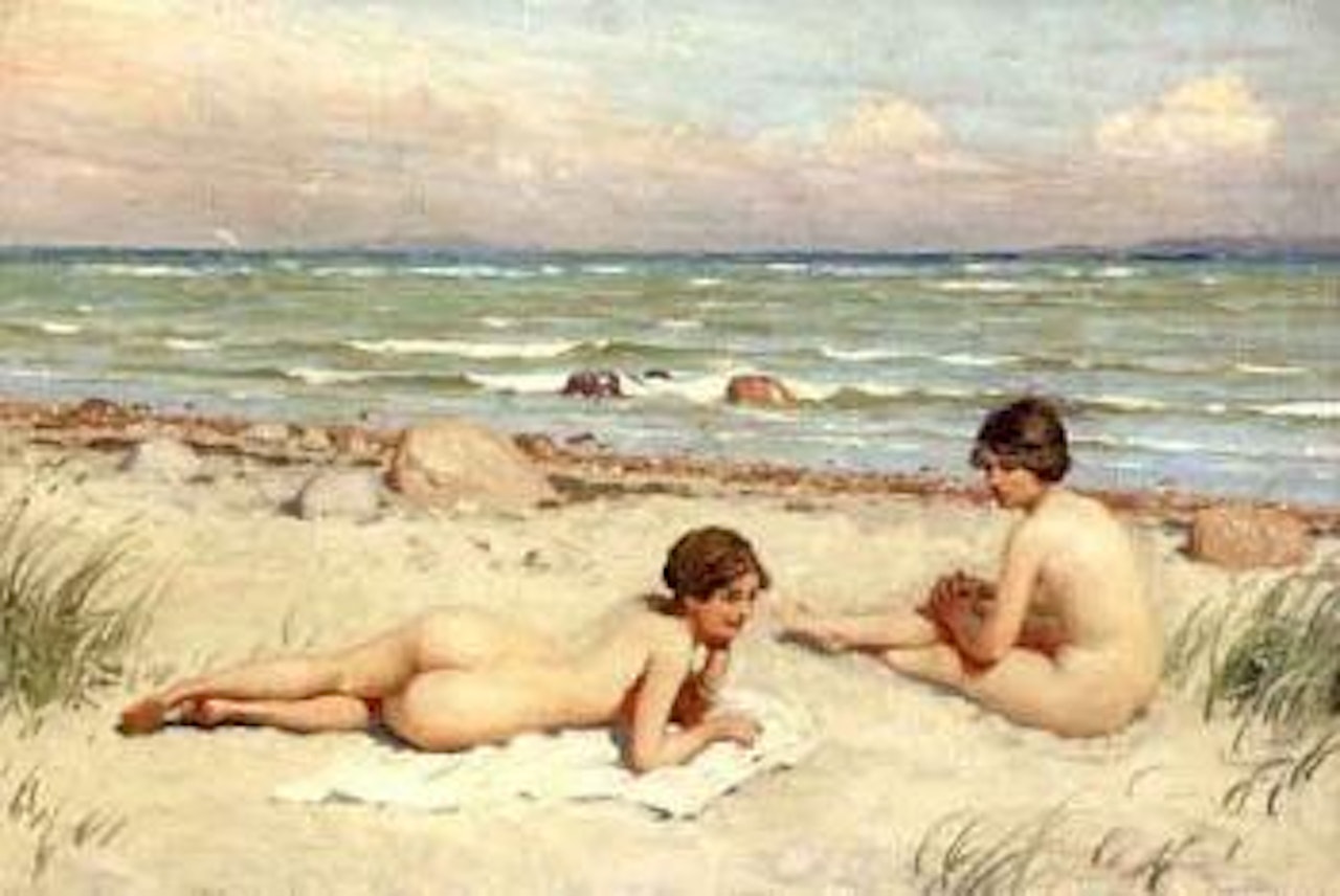 Beach landscape with two nude women and view towards Sweden by Paul Fischer
