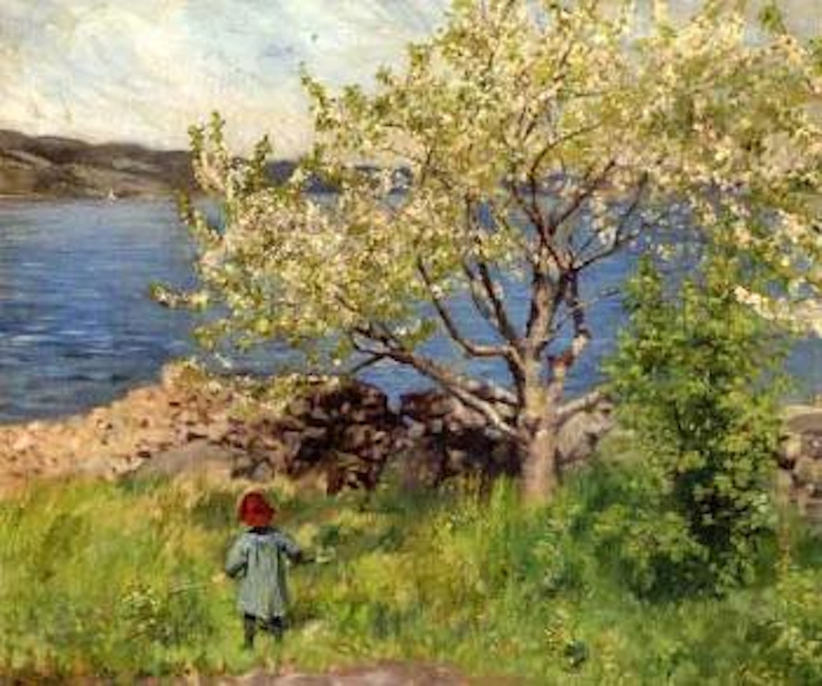 Spring landscape with boy wearing red hat by Paul Fischer